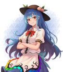  1girl apron black_headwear blue_hair blue_skirt bow breasts closed_mouth collared_shirt commentary_request cowboy_shot crossed_arms food fruit hat_ornament highres hinanawi_tenshi leaf_hat_ornament long_hair looking_at_viewer peach pigsir13152 rainbow_gradient red_bow red_eyes shirt short_sleeves skirt smile solo standing touhou waist_apron white_background white_shirt 
