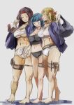  3girls abs bag black_hair black_sports_bra blonde_hair blue_hair blush breasts chest_sarashi closed_eyes fundoshi headband holding_hands japanese_clothes large_breasts long_hair midriff multiple_girls muscular muscular_female navel original sarashi simple_background smile sports_bra thick_thighs thighs toned underwear white_sports_bra yohane 