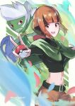  1girl :d absurdres belt black_belt black_hair black_shirt blunt_bangs capelet cargo_shorts crop_top dusk_poke27 gardenia_(pokemon) green_capelet highres holding holding_poke_ball long_sleeves looking_at_viewer midriff multicolored_hair navel open_mouth orange_eyes orange_hair orange_shorts poke_ball pokemon pokemon_(creature) pokemon_(game) pokemon_dppt roserade shirt shorts smile teeth twitter_username two-tone_hair upper_teeth_only v 