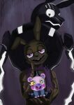  absurd_res anthro bear bow_tie buckteeth carina2cl clothing digital_media_(artwork) five_nights_at_freddy&#039;s five_nights_at_freddy&#039;s:_security_breach_ruin five_nights_at_freddy&#039;s_vr:help_wanted glitchtrap group happy helpi_(fnaf) hi_res holding_another lagomorph leporid looking_at_viewer looking_back looking_back_at_viewer male mammal mxes_(fnaf) purple_clothing purple_eyes purple_topwear purple_vest rabbit scottgames teeth topwear trio vest 