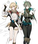  ! 2girls alhaitham_(genshin_impact) black_leotard black_pantyhose black_shorts blonde_hair blue_eyes book boots breasts detached_sleeves feather_hair_ornament feathers genderswap genderswap_(mtf) genshin_impact gloves godwkgodwk green_hair grey_hair hair_between_eyes hair_ornament hair_over_one_eye highres holding_hands kaveh_(genshin_impact) large_breasts leotard long_hair multicolored_hair multiple_girls pantyhose partially_fingerless_gloves red_eyes shorts simple_background spoken_exclamation_mark thigh_strap waving white_background 