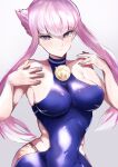  1girl absurdres bababaeki00 bare_shoulders blush breasts clothing_cutout hands_on_own_shoulders highres hime_cut hip_vent manon_(street_fighter) medal narrow_waist panty_straps pink_hair purple_eyes side_cutout sidelocks skin_tight solo spandex street_fighter street_fighter_6 white_background wide_hips 