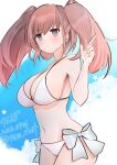  1girl artist_name atlanta_(kancolle) bikini breasts brown_hair cleavage cowboy_shot dated eiji_(monochromexd) grey_eyes highres index_finger_raised kantai_collection large_breasts long_hair one-hour_drawing_challenge side-tie_bikini_bottom solo swimsuit twitter_username two_side_up white_bikini 