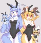  2023 absurd_res anthro blush breasts canid canine canis chibi cleavage clothed clothing digital_media_(artwork) duo fake_ears fake_rabbit_ears female female_anthro fox fur hair hi_res kayama_akimaru kemono leotard looking_at_viewer mammal multicolored_body multicolored_fur multiple_images tail wolf 
