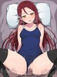  1boy 1girl absurdres black_thighhighs blue_one-piece_swimsuit blush breasts censored covered_navel hair_ornament hairclip hetero highres holding_legs long_hair looking_at_viewer love_live! love_live!_sunshine!! medium_breasts one-piece_swimsuit open_mouth penis red_hair sakurauchi_riko school_swimsuit sex solo_focus spread_legs swimsuit thighhighs vaginal wewe yellow_eyes 