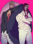  2boys annoyed bad_id bad_twitter_id balnom blonde_hair coat crossed_arms donquixote_doflamingo donquixote_rocinante earrings feather_coat feet_out_of_frame fur_coat grin heart heart_print highres jewelry makeup male_focus multiple_boys one_piece pink_background pink_coat red_hood red_lips short_hair smile standing sunglasses tinted_eyewear veiny_face white-framed_eyewear 
