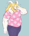  2_horns absurd_res alnoodle anthro asgore_dreemurr beard belly_overhang belly_rolls blonde_hair blush bottomwear bovid caprine clothed clothing deltarune denim denim_clothing eyes_closed facial_hair fat_rolls fully_clothed fur goat hair hand_behind_head hi_res horn jeans long_ears male mammal mature_anthro mature_male moobs open_mouth overweight overweight_anthro overweight_male pants portrait shirt snout solo three-quarter_portrait three-quarter_view tongue topwear undertale_(series) white_body white_fur 