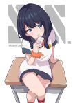  1girl black_hair blue_eyes blush bow bowtie cellphone closed_mouth crossed_legs desk feet_out_of_frame from_above gridman_universe highres holding holding_phone long_hair looking_at_viewer miniskirt on_desk phone scrunchie sitting sitting_on_desk skirt solo ssss.gridman sweater_vest taachika takarada_rikka thighs wrist_scrunchie 