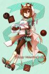  1girl agnes_tachyon_(umamusume) ahoge alternate_costume apron ascot beret bowl breasts brown_footwear brown_hair brown_pants chigyo chocolate chocolate_making collared_shirt crossed_legs full_body gloves green_shirt happy_valentine hat high_heels holding holding_bowl holding_spatula looking_at_viewer medium_hair open_mouth pants red_eyes shirt small_breasts smile solo spatula test_tube twitter_username umamusume white_gloves white_headwear 