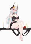  1girl apple arknights arm_rest banhuaaidie bare_arms bare_shoulders bikini black_bikini black_choker black_horns blush body_blush breasts candle candlestand chinese_commentary choker chromatic_aberration cleavage closed_mouth collarbone commentary_request dated eyes_visible_through_hair flower food fruit full_body grey_hair hair_between_eyes hair_flower hair_ornament highres horns jewelry long_hair looking_at_viewer mudrock_(arknights) mudrock_(silent_night)_(arknights) official_alternate_costume orange_eyes oripathy_lesion_(arknights) pendant pointy_ears red_apple red_flower ribbon sitting solo swimsuit white_background white_ribbon yellow_flower 