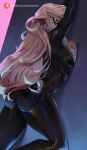  1girl against_wall araneesama arms_up ass back black_bodysuit blue_eyes blush bodysuit breast_press breasts domino_mask felicia_hardy fur_trim highres large_breasts long_hair looking_at_viewer looking_back marvel mask skin_tight solo spider-man_(series) thighs white_hair 