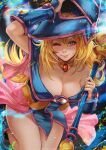  1girl ;) arm_up bare_shoulders blonde_hair breasts cleavage collar dark_magician_girl duel_monster gem green_eyes hat highres holding large_breasts long_hair looking_at_viewer magion02 multicolored_background one_eye_closed pentacle smile solo wizard_hat yu-gi-oh! 