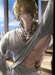  1boy abs arm_up blonde_hair chest_tattoo closed_mouth clothes_lift commentary day expressionless hair_between_eyes highres indoors jewelry jieli long_sleeves looking_at_viewer luca_kaneshiro luca_kaneshiro_(3rd_costume) male_focus medium_hair necklace nijisanji nijisanji_en official_alternate_costume one_eye_closed parted_bangs pectorals purple_eyes shirt shirt_lift sidelocks solo tattoo v-neck virtual_youtuber white_shirt window wooden_floor 