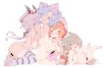  4girls absurdres animal_ears bar_censor blue_eyes blue_hair blush breasts brown_eyes brown_hair censored dildo highres long_hair medium_hair multiple_girls nipples open_mouth orange_eyes orange_hair original parted_lips purple_eyes purple_hair sex_toy short_hair tail tongue tongue_out yuri zhazhapao 