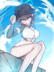  1girl absurdres aqua_eyes bare_legs blue_archive blush breasts bucket_hat feet_out_of_frame grin halo hat head_tilt highres large_breasts long_sleeves looking_at_viewer outdoors rash_guard saki_(blue_archive) sitting smile solo sweatdrop vivo_(vivo_sun_0222) 