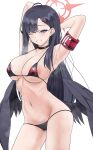  1girl ahoge areola_slip armband armpits arms_behind_head arms_up bikini black_bikini black_choker black_hair black_wings blue_archive blush breasts cameltoe choker commentary_request covered_nipples cowboy_shot grey_eyes grin hair_ornament hairclip halo highres ichika_(blue_archive) long_hair low_wings micro_bikini navel one_eye_closed red_armband sakurein simple_background smile solo stomach sweat swimsuit teeth very_long_hair white_background wings 