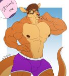  2021 anthro biceps biped brown_body brown_fur brown_hair bulge clothed clothing dangaroo digital_media_(artwork) drinking_potion english_text eyes_closed eyewear fur glasses hair hi_res juano kangaroo macropod male mammal marsupial muscular muscular_anthro muscular_male nipples partially_clothed pecs portrait potion purple_clothing purple_underwear simple_background solo standing tail text topless underwear underwear_only 