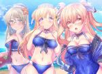  3girls ahoge artist_name ass_visible_through_thighs beach bikini black_choker blonde_hair blue_bikini blue_eyes blue_jacket blue_one-piece_swimsuit blush breasts brown_eyes choker cleavage closed_mouth collarbone commentary_request commission cosplay covered_navel day double_bun fletcher_(kancolle) fletcher_mk_ii_(kancolle) flower glasses grey_eyes grey_hair hair_between_eyes hair_bun hair_flower hair_ornament hairband hat heywood_l._edwards_(kancolle) innertube ittokyu jacket johnston_(kancolle) johnston_(kancolle)_(cosplay) kantai_collection large_breasts light_brown_hair long_hair long_sleeves looking_at_viewer multiple_girls navel ocean one-piece_swimsuit open_clothes open_jacket open_mouth red_flower signature skeb_commission smile star_(symbol) star_hair_ornament swimsuit two_side_up white_headwear 