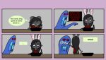  anthro bunnyoffee_(artist) bunnyoffee_(character) clothed clothing comic demon dialogue hair humor lagomorph leporid male mammal rabbit simple_background solo speech_bubble tail 