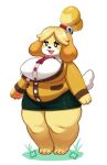  animal_crossing anthro breasts canid canine canis clothed clothing domestic_dog female fur isabelle_(animal_crossing) mammal nintendo overweight overweight_anthro overweight_female shih_tzu simple_background solo thick_thighs toy_dog unknown_artist yellow_body yellow_fur 