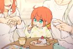 1boy 2girls ahoge bedivere_(fate) breasts cake child child&#039;s_drawing commentary crayon cup eating family fate/grand_order fate_(series) father_and_daughter food food_on_face fork fujimaru_ritsuka_(female) green_eyes hair_ornament hair_over_shoulder hair_scrunchie holding holding_fork if_they_mated jewelry kulissara-aung low_twintails mother_and_daughter multiple_girls open_mouth orange_hair ring scrunchie small_breasts smile symbol-only_commentary teacup tissue_box twintails twitter_username wedding_ring 