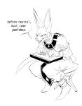  1boy arcade_stick beerus boots bracelet chair commission controller dragon_ball dragon_ball_z earclip furry game_controller greyscale highres hydroxian jewelry joystick monochrome open_mouth pants sitting solo speech_bubble white_background 