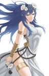  1girl blue_eyes blue_hair breasts cleavage commission dress english_commentary fire_emblem fire_emblem_awakening fire_emblem_heroes flower hair_between_eyes hair_flower hair_ornament head_wreath highres long_hair lucina_(fire_emblem) medium_breasts official_alternate_costume pomelomelon smile solo symbol-shaped_pupils thighs white_background white_flower 