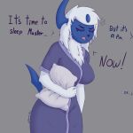  2023 absol absurd_res anthro blue_body breasts canid clothed clothing digital_media_(artwork) dmoon eyes_closed female fur generation_3_pokemon hair hi_res mammal nintendo open_mouth pillow pillow_hug pokemon pokemon_(species) simple_background solo tail text thick_thighs tired white_body white_fur 