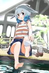  1girl absurdres bare_shoulders blowhole blue_eyes blue_hair blue_shirt blush casual cetacean_tail clothes_around_waist collarbone common_bottlenose_dolphin_(kemono_friends) denim denim_shorts dolphin_girl dorsal_fin fins fish_tail frilled_shirt frills grey_hair highres iwa_(iwafish) jacket jacket_around_waist kemono_friends kemono_friends_3 multicolored_hair multicolored_shirt official_alternate_costume red_shirt removing_sock shirt shoes shoes_removed shorts sleeveless solo striped striped_shirt tail white_shirt 