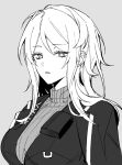  1girl breasts faust_(limbus_company) grey_background greyscale jacket large_breasts limbus_company medium_hair monochrome open_clothes open_jacket parted_lips project_moon ribbed_sweater simple_background solo svkp sweater turtleneck turtleneck_sweater upper_body vest 