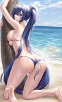  1girl absurdres against_tree arm_up ass azur_lane beach bikini blue_bikini blue_eyes blue_hair blush breast_press breasts butt_crack commentary_request day from_behind full_body hands_up highres ichikushi_mojibake kneeling large_breasts long_hair looking_at_viewer looking_back new_jersey_(azur_lane) new_jersey_(midsummer_leisure)_(azur_lane) ocean outdoors palm_tree ponytail sideboob solo swimsuit thighs tree undersized_clothes very_long_hair wet 