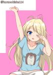  1girl arm_up blonde_hair blue_eyes blue_shirt bokukawauso highres jervis_(kancolle) kantai_collection kurano_kisuke long_hair messy_hair one-hour_drawing_challenge one_eye_closed otter_print shirt sleepwear solo t-shirt twitter_username upper_body waking_up 