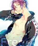  1boy abs air_bubble bubble commentary_request copyright_name free! hand_up jacket long_sleeves looking_at_viewer male_focus matsuo_shin matsuoka_rin navel nipples open_clothes open_jacket partial_commentary purple_eyes purple_hair solo teeth white_background 