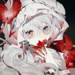  1girl blood blood_on_face blood_on_hands commentary cross grey_eyes grey_hair hair_between_eyes hand_up looking_at_viewer original red_pupils ririooob sample_watermark short_hair solo symbol-only_commentary watermark 