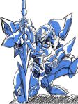  henshin holding holding_weapon lance looking_at_viewer mecha on_one_knee polearm power_armor robot science_fiction sketch solo_focus tekkaman_blade tekkaman_blade_(character) tsushima_naoto weapon 