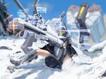  1girl absurdres aiming cape goddess_of_victory:_nikke gun highres jacket miou rifle science_fiction scope signature sitting snickers_(brand) sniper_rifle snow snow_white_(nikke) solo weapon white_hair white_jacket yellow_eyes 