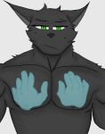  absurd_res anthro big_pecs bodily_fluids breast_grab breasts canid canine canis fur green_eyes hand_on_breast hi_res holographic_limbs jewelry kuro_(soapy07) male male/male mammal moobs muscular muscular_male necklace nervous_smile pec_grab pecs soapy07 solo sweat sweatdrop toned_body wolf 