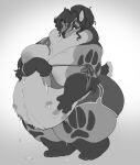  2023 absurd_res anthro areola belly big_belly big_breasts bodily_fluids breasts canid clothing female greyscale hair hi_res lactating mammal monochrome multi_nipple nipples overweight overweight_anthro overweight_female pregnant simple_background solo whorgi 