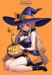  1girl blonde_hair blush breasts dress frilled_dress frills halloween halloween_bucket happy_halloween hat highres jack-o&#039;-lantern kim_hyung_tae long_hair looking_at_viewer orange_eyes original pumpkin sharp_teeth short_dress sleeveless sleeveless_dress smile solo teeth twintails witch 