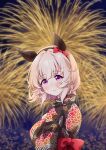  1girl absurdres aerial_fireworks animal_ears back_bow black_hairband black_kimono blurry blurry_background blush bow brown_hair closed_mouth curren_chan_(umamusume) depth_of_field ear_bow fireworks floral_print goom_(goomyparty) hairband hand_up highres horse_ears japanese_clothes kimono long_sleeves looking_at_viewer looking_to_the_side print_kimono purple_eyes red_bow smile solo umamusume wide_sleeves 