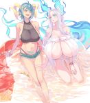  2girls aqua_nails blush breasts check_copyright cleavage collarbone colored_eyelashes copyright_request denim denim_shorts fangs gigantic_breasts highres horns large_breasts micro_shorts mila_(yuta27315) multiple_girls navel open_mouth original parted_lips pointy_ears shorts simple_background sitting stomach_tattoo tattoo water white_background yellow_eyes 