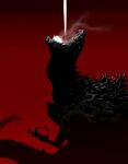  blank_eyes claws giant giant_monster godzilla godzilla_(series) gradient_background highres krekkov laser long_tail looking_up no_humans open_mouth red_background shin_godzilla smoke spikes tail 