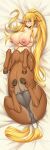  1girl absurdres animal_ears anus bandaged_tail bed_sheet blonde_hair blue_eyes breasts centaur centorea_shianus closed_mouth collarbone commentary completely_nude crossed_arms dakimakura_(medium) full_body hair_between_eyes highres horse_ears horse_tail jotun22 large_breasts long_hair looking_at_viewer lying monster_girl monster_musume_no_iru_nichijou multiple_legs navel nipples nude on_back pointy_ears ponytail pussy shadow sidelocks smile solo tail taur very_long_hair 