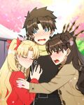  1boy 2girls @_@ absurdres black_hair black_ribbon blonde_hair blue_eyes blush brown_coat coat earrings english_commentary ereshkigal_(fate) fate/grand_order fate_(series) fujimaru_ritsuka_(male) hair_ribbon highres hoop_earrings hyperbudd ishtar_(fate) jewelry long_hair looking_at_viewer multiple_girls red_coat red_eyes red_ribbon ribbon smile sweatdrop two_side_up wavy_hair winter_clothes winter_coat 