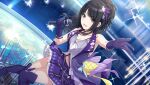  1girl armpit_crease belt black_hair bloom blurry blurry_background boots bow breasts cleavage clothing_cutout collarbone diamond_(shape) dutch_angle frilled_skirt frills game_cg gem gloves hair_ornament hair_ribbon half_updo holding holding_microphone idolmaster idolmaster_shiny_colors kazano_hiori knee_boots light_particles long_hair looking_at_viewer medium_breasts microphone midriff mole mole_under_mouth music navel open_mouth outstretched_hand ponytail purple_bow purple_brooch purple_eyes purple_footwear purple_gloves purple_ribbon purple_shirt purple_skirt purple_vest reflective_floor ribbon ripples shirt silver_chain singing skirt sleeveless smile solo sparkle stained_glass standing stomach_cutout thighs vest water_drop yellow_bow 