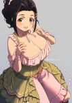  1girl bare_shoulders black_hair blush bow breasts choker cleavage collarbone corset dot_nose dress ebihara_naho frilled_choker frilled_dress frills green_corset green_eyes green_skirt grey_background hair_bow hair_bun hair_ornament hairclip hands_on_own_chest hands_up highres idolmaster idolmaster_cinderella_girls idolmaster_cinderella_girls_starlight_stage large_breasts long_hair looking_at_viewer neck_ribbon off-shoulder_dress off_shoulder open_mouth overskirt pink_bow pink_ribbon pink_sleeves pink_wristband ponytail print_skirt ribbon ribbon-trimmed_clothes ribbon_trim simple_background single_hair_bun sitting skirt smile solo totoro_on twitter_username white_choker 
