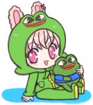  1girl animal_costume animal_ears boy&#039;s_club frog frog_costume looking_at_viewer nodonmai on_ground pepe_the_frog phase_connect pink_eyes pink_hair pipkin_pippa rabbit_ears rabbit_girl sitting solo virtual_youtuber 