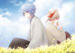  2boys blue_eyes blue_hair cloud cloudy_sky field flower flower_field genshin_impact hair_between_eyes holding holding_leaf japanese_clothes kaedehara_kazuha kamisato_ayato leaf long_sleeves low_ponytail male_focus mole multicolored_hair multiple_boys pants red_eyes red_hair sky streaked_hair twinayaume white_hair 