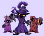  3boys absurdres black_skin colored_skin full_body gauntlets grey_background hat highres hood hood_up jewelry league_of_legends minion_(league_of_legends) multiple_boys purple_headwear purple_robe red_robe ring robe simple_background standing v veigar witch_hat wryyyto yellow_eyes yordle 