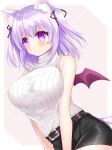  1girl animal_ear_fluff animal_ears belt belt_buckle black_ribbon black_skirt blush breasts brown_belt buckle cat_ears cat_girl cat_tail closed_mouth commentary_request hair_ribbon highres large_breasts looking_at_viewer mini_wings original pencil_skirt pink_background purple_eyes purple_hair purple_wings ribbed_sweater ribbon shikito skirt sleeveless sleeveless_turtleneck solo sweater tail turtleneck turtleneck_sweater two-tone_background two_side_up white_background white_sweater wings 
